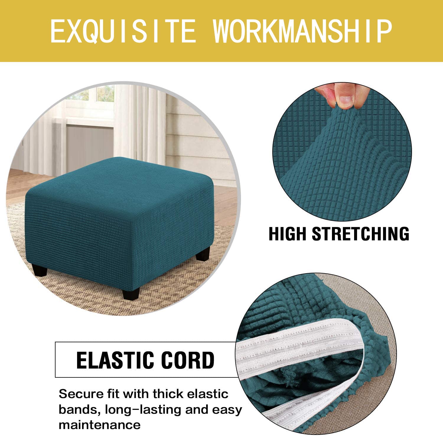 Highdi - Housse Extensible Pour Pouf Carré (Jacquard Blanc) - Protection Anti-Taches Et Lavable En Machine