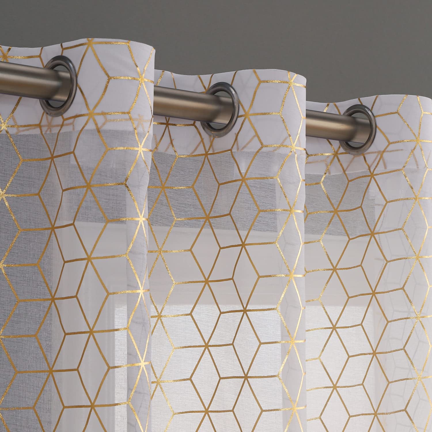 LOYOLADY Foil Gold Cube White Sheer Curtains 102 inches Long 2 Panels Set Bedroom Sheer Curtains Grommet Sheer Curtains for Living Room 52" W x 102" L