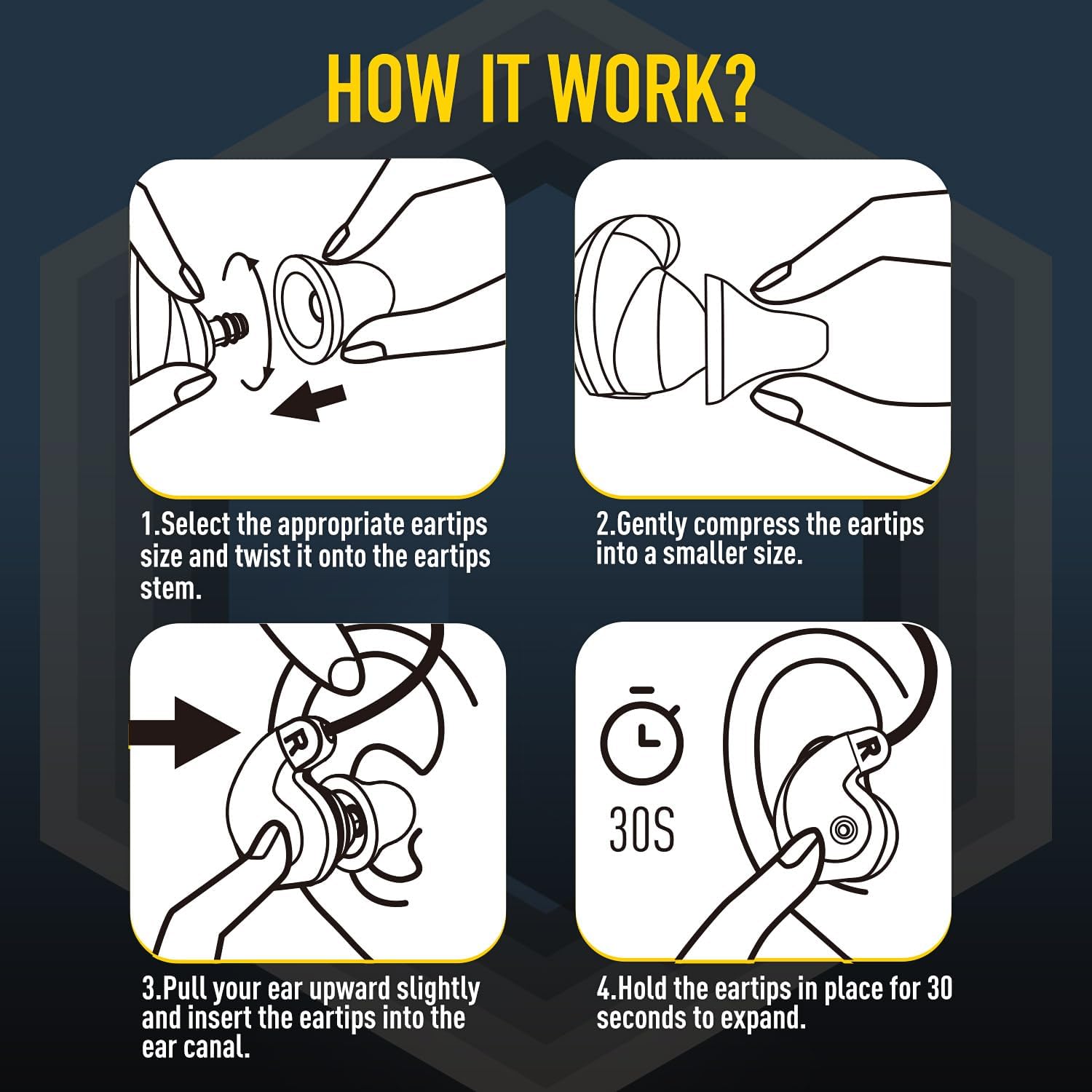 Contents of EARMOR M200T Earbuds box including earbuds, charging cable, case, and multiple ear tips