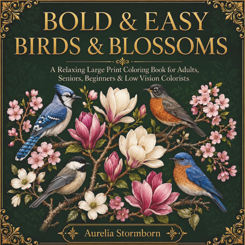 Bold & Easy Birds & Blossoms: A Relaxing Large Print Coloring Book for Adults, Seniors, Beginners & Low Vision Colorists Featuring Beautiful Birds, Flowers & Easy Nature Scenes (Bold & Easy Nature)