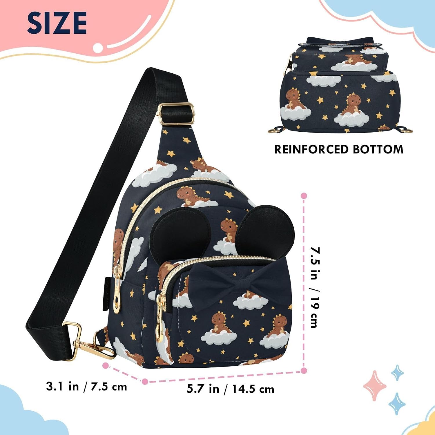 Sinestour Dinosaur Kids Sling Bag for Girls, 7.5x5.7x3.1In | Crossbody Fanny Pack, Toddler Purse, Cute Sling Belt Bag with Ears, 2L Small Shoulder Chest Bag for Travel