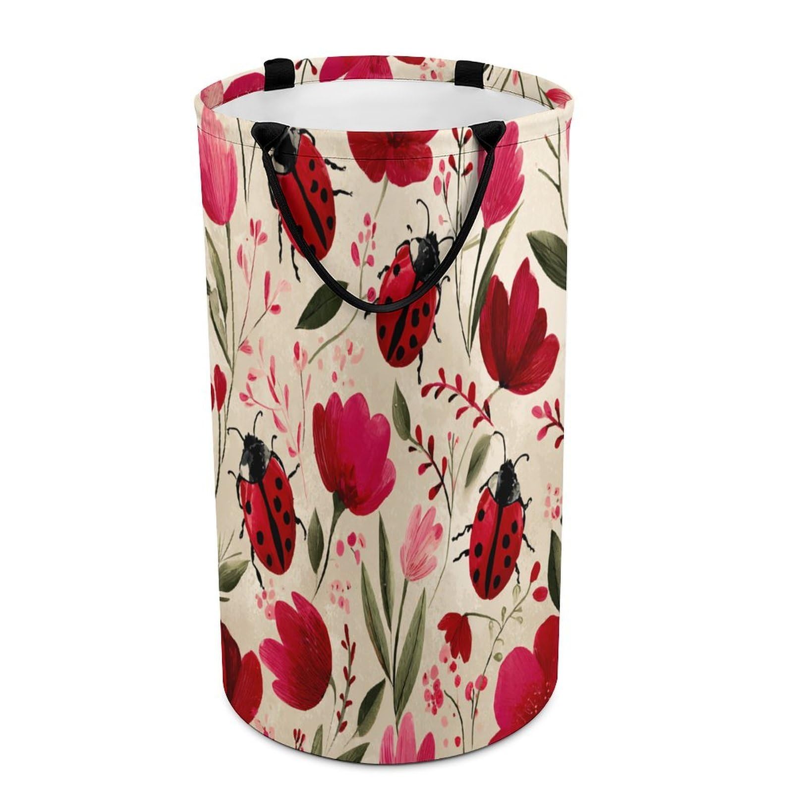 LUYYSKY Funny Anime Cute Ladybug Versatile Storage Laundry Basket, Vintage Watercolor Flowers Garden Ladybug Pattern Large Capacity Bathroom Hamper With Handle