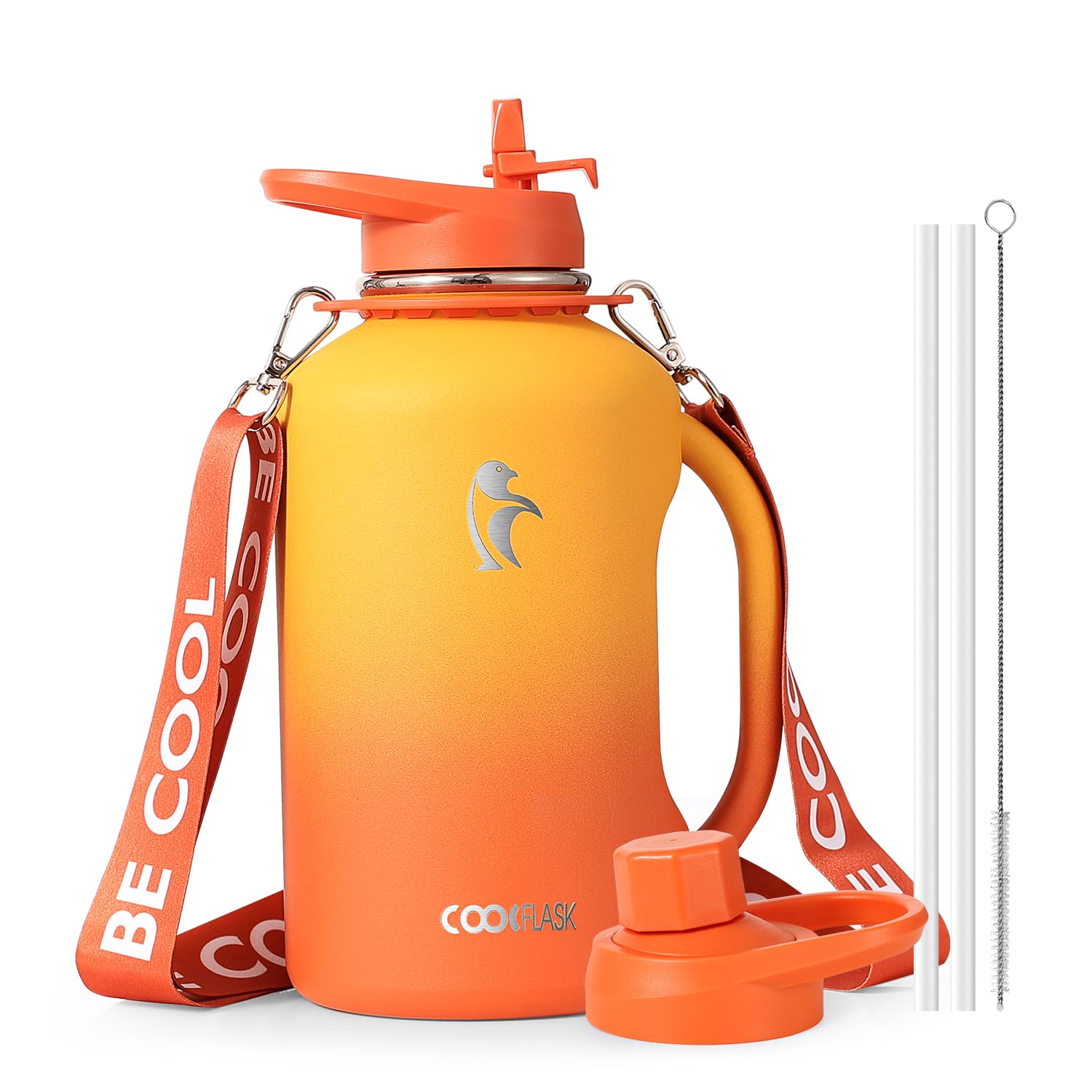 Coolflask Half Gallon Water Bottle with Straw, 1.2L Insulated Stainless Steel Water Jug with Handle Metal Double-Walled Vacuum Large Flask with Strap Leakproof, Keep Cold 48H Hot 24H, Yellow/Orange