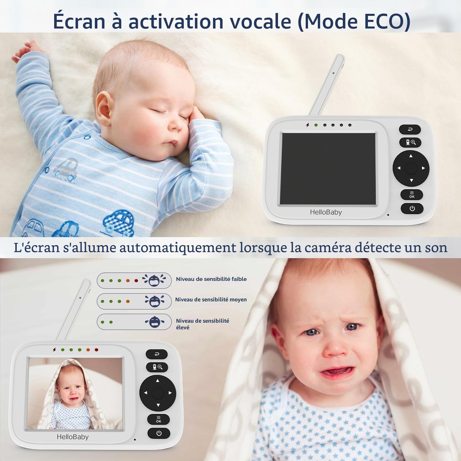 HelloBaby Babyphone Caméra sans WiFi, Caméra Surveillance Bébé 3,2'' IPS, Caméra de Surveillance bébé, Vision Nocturne, Mode ECO/VOX, Portée Étendue 305m, 2 Câbles USB, HB2438