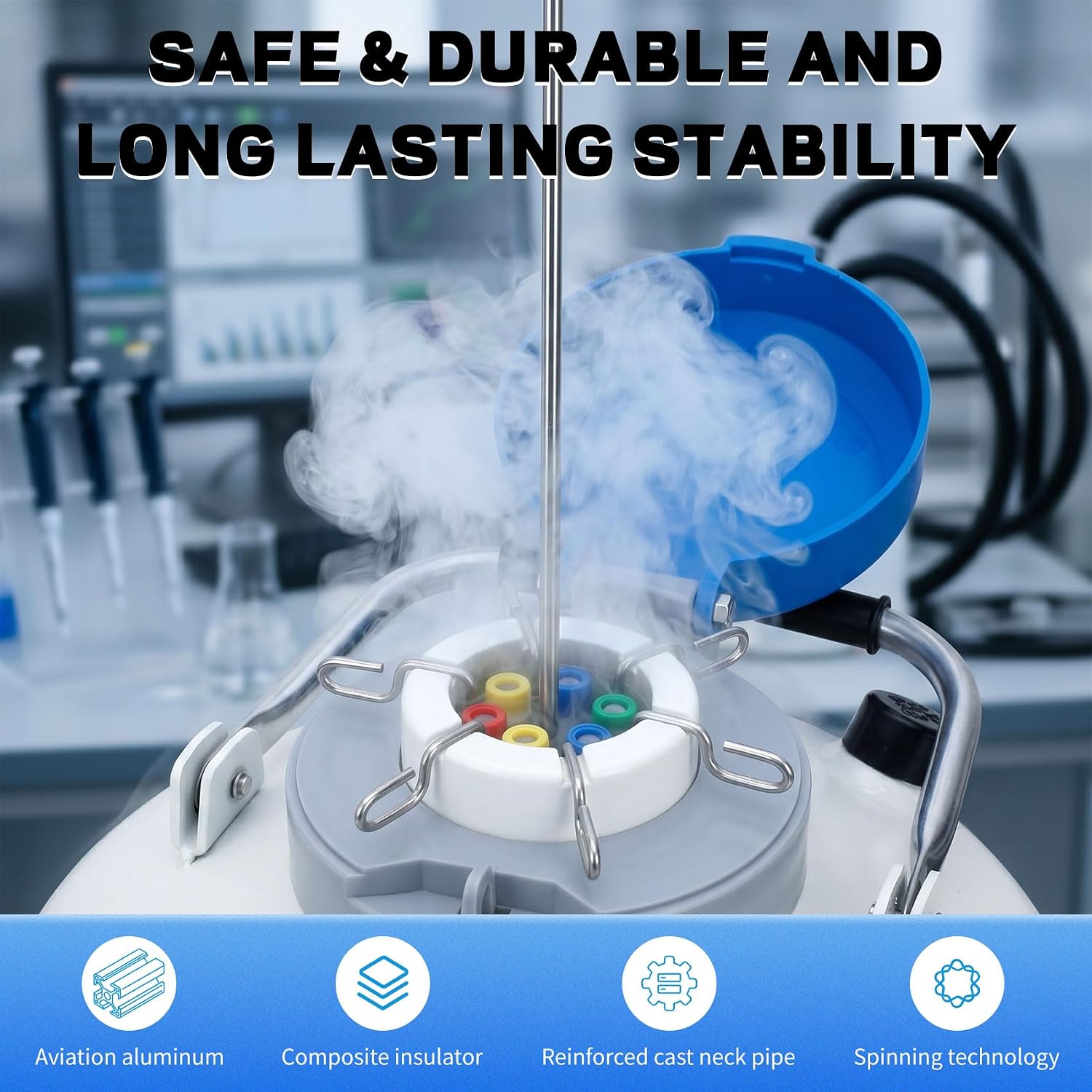 3L Liquid Nitrogen Container LN2 Tank with 6 Canisters Carry Bag | Aluminum alloy cryogenic dewar, slow evaporation rate, compact 50mm caliber, for semen/biological specimen storage