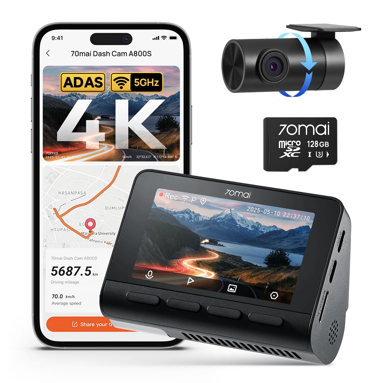 70mai4K Dash Cam Front and Rear with STARVIS, Built in 5GHz WiFi & GPS Car Camera, Super Night Vision, ADAS, 3'' IPS Screen, 24H Parking Mode, Time-Lapse, Loop Recording, with 128GB Card (A800S)