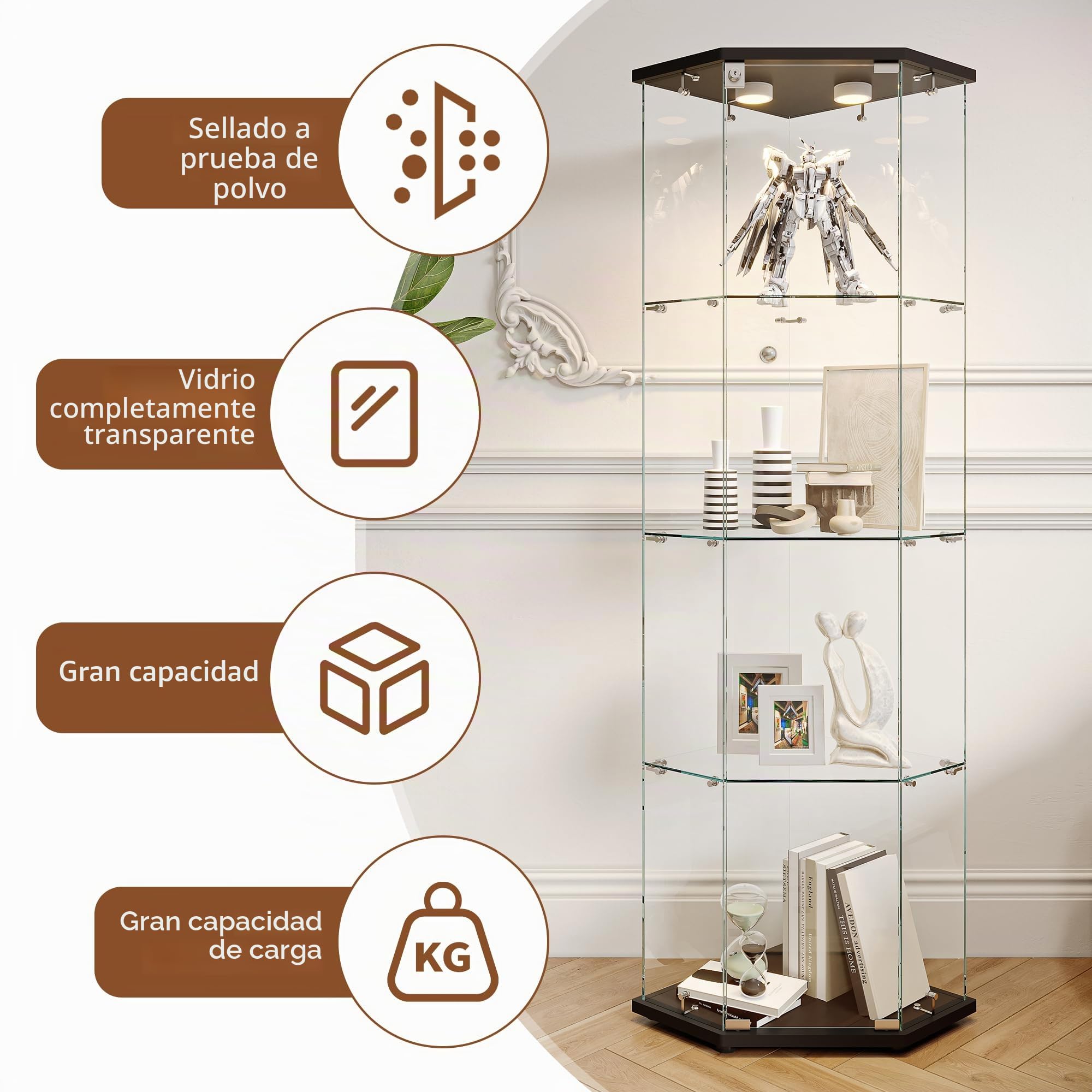 Vitrina De Cristal LED Para Colección Con 1 Puerta, Armario Esquina De 4 Capas Con Cerradura, Mueble Transparente Para Salón, Bar, Dormitorio, Oficina - Negro