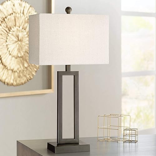 360 Lighting Aston 26" High Open Rectangle Modern Table Lamp Black Finish Metal Single Fabric Off-White Shade Living Room Bedroom Bedside Nightstand House Office Home Kitchen Entryway