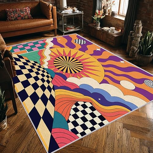 Miniatura 8 de Retro Throw Rug, 2x3 Doormat 1970s Sun Plaid Cloud Star Pattern for Entryway, Bedroom, Kitchen, Retro Home Decor Accessories Indoor Door Mat, Non