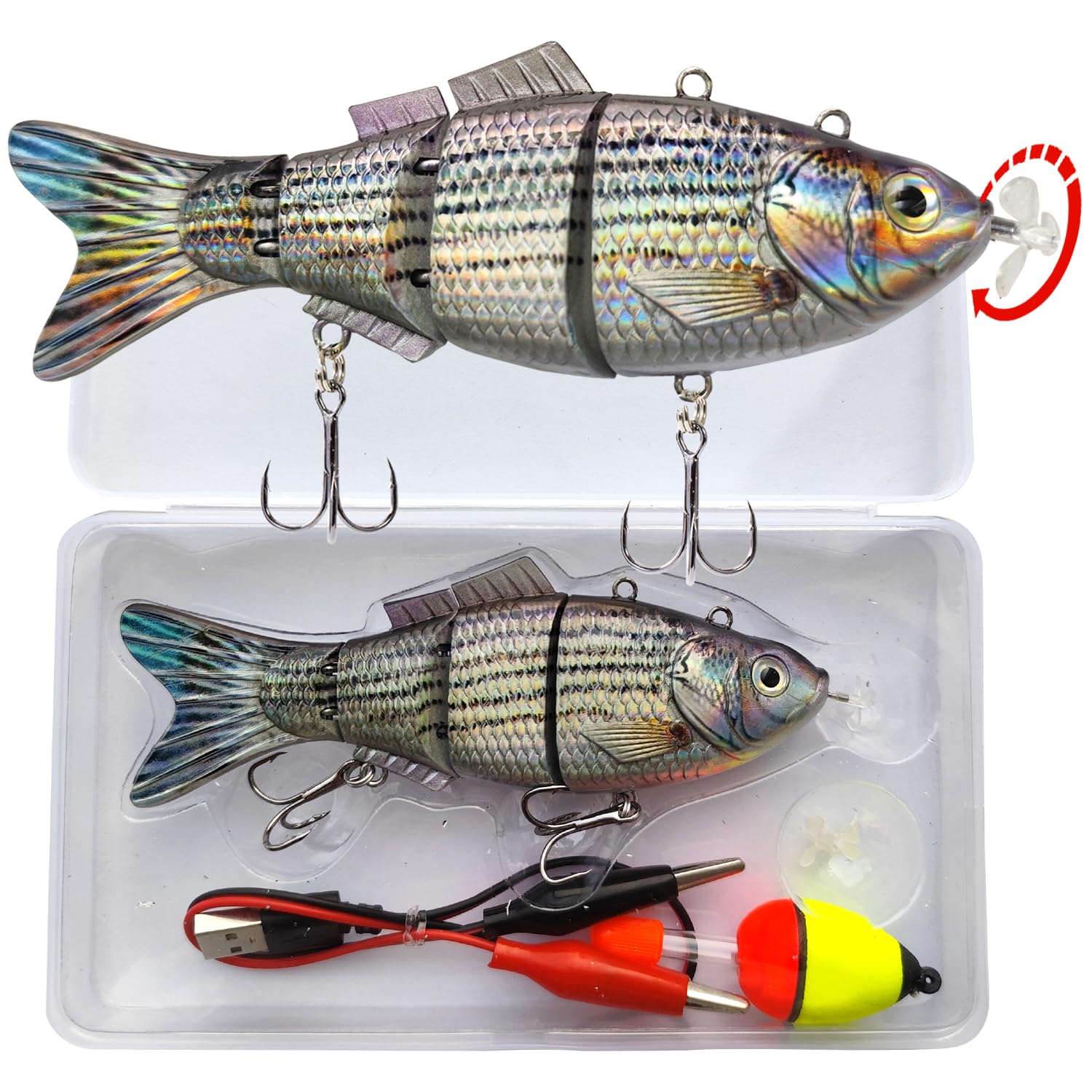 HADORAM Robotic Swimming Lure 5.1” Fishing Lure 4-Segement Multi Jointed Swimbait Electric Bait LED Light USB Rechargeable for Bass Trout Pike Fishing Tackle (Hybrid Striped Shad Specialty（Upgrade）)