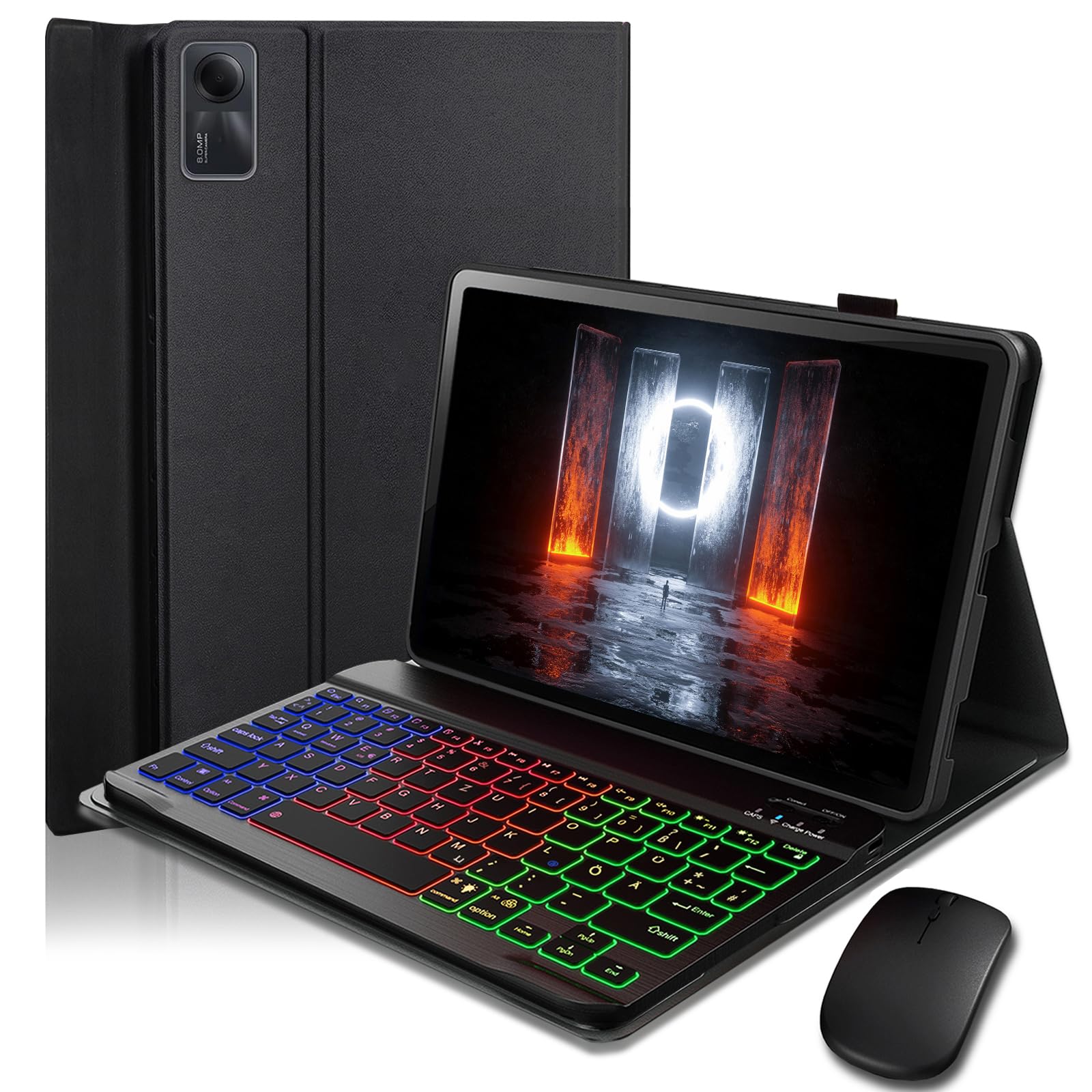 für Xiaomi Redmi Pad SE (2023) /Xiaomi Redmi Pad 2 (2025) 11 Zoll Hülle mit Kabelloses Bluetooth Beleuchtete Farbige Deutsch Tastatur (QWERTZ) und Maus, Magnetisch Abnehmbar, Backlit Keyboard Case