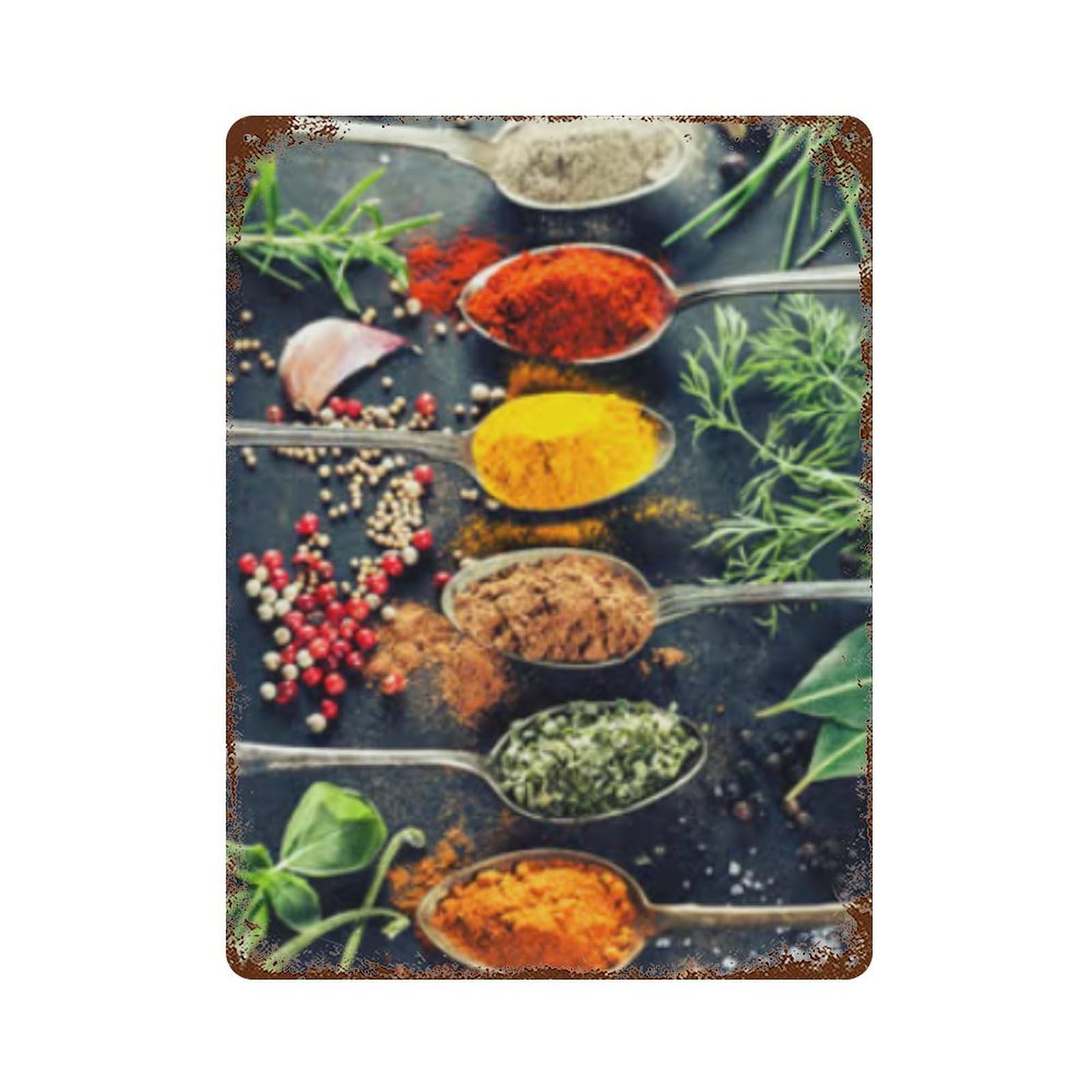 Rust Effect Herbs & Spices for Cooking Aged Metal Wall Plaque 15.7"x11.8", Shabby Chic Decor for Living Room, Hallway And Home Decor