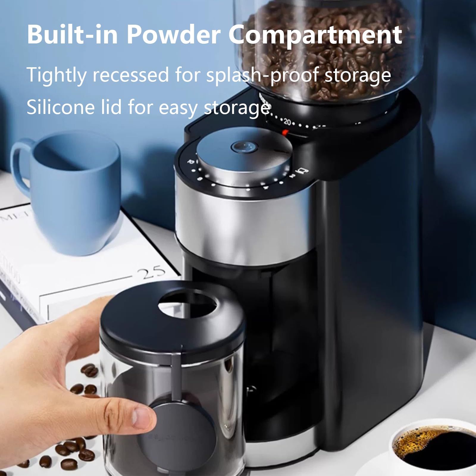 Młynek żarnowy do ziaren kawy ze stali nierdzewnej, młynek do kawy 250 gramów, inteligentne pokrętło dozujące, 25 ustawień grubości, do espresso/Drip/French Press/American Coffee black