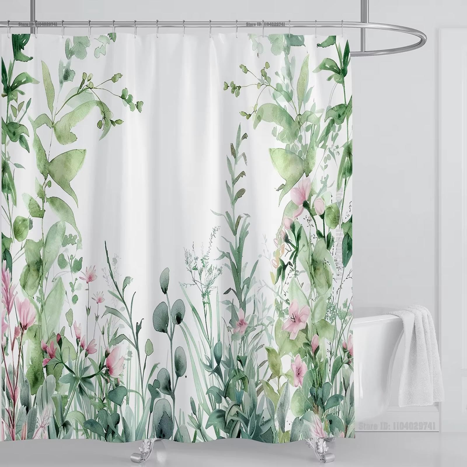 UIYIUI Watercolor Leaf Shower Curtain Sets 48x84in（122x214cm） Sage Green Leaves Botanical Plants with Pink Flowers Floral Bathroom Curtain, Waterproof