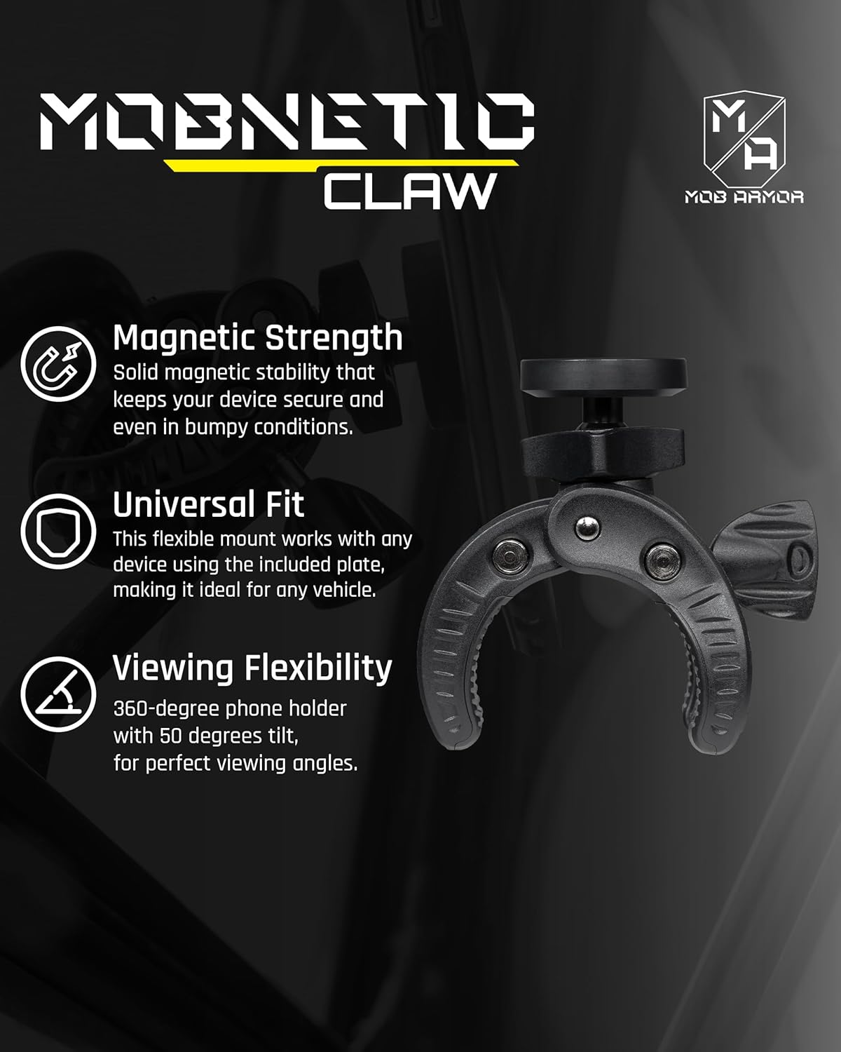 Mob Armor MobNetic Claw with 360° Rotation - Bar Mount for Golf Carts, Strollers, or Any enclsoed cab Vehicle with Round or Square Tubes- Universal Car Magnetic Phone Mount, Assembled in USA - Black
