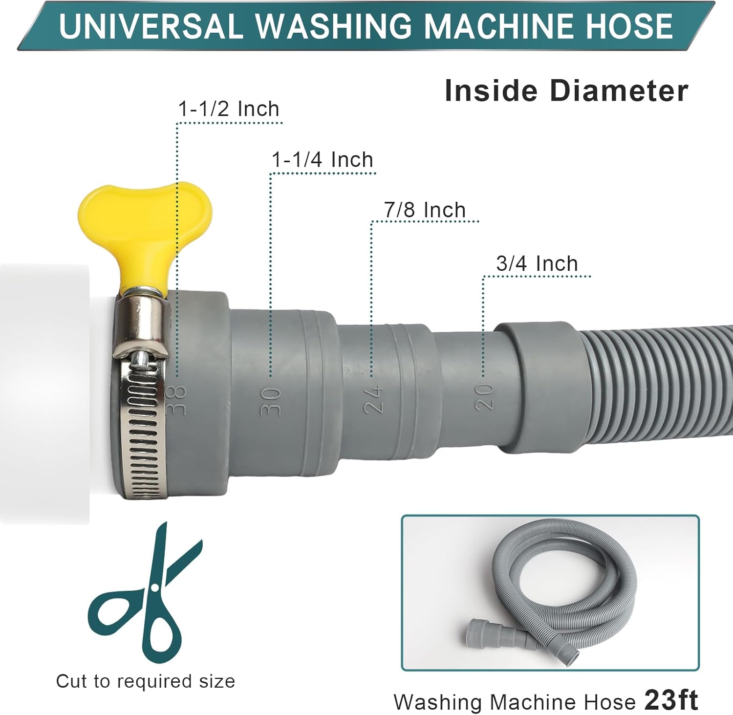 23ft washing machine drain hose, universal dishwasher hose extension kit with 1 u-bend holder, 1 extension adapter and 4 hose clamps