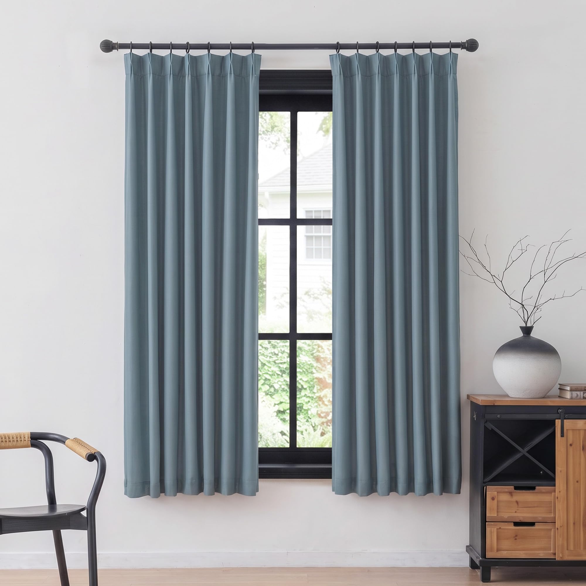MYSKY HOME Dusty Blue Linen Pinch Pleated 100% Blackout Curtains,2 Panels