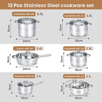 12 Pcs Stainless Steel Pots and Pans Set - Induction Compatible Cooking Pots & Pans with Glass Lids - Casserole, Frypan, Saucepan, and Stockpot Set Dishwasher Safe Kitchen Cookware Set