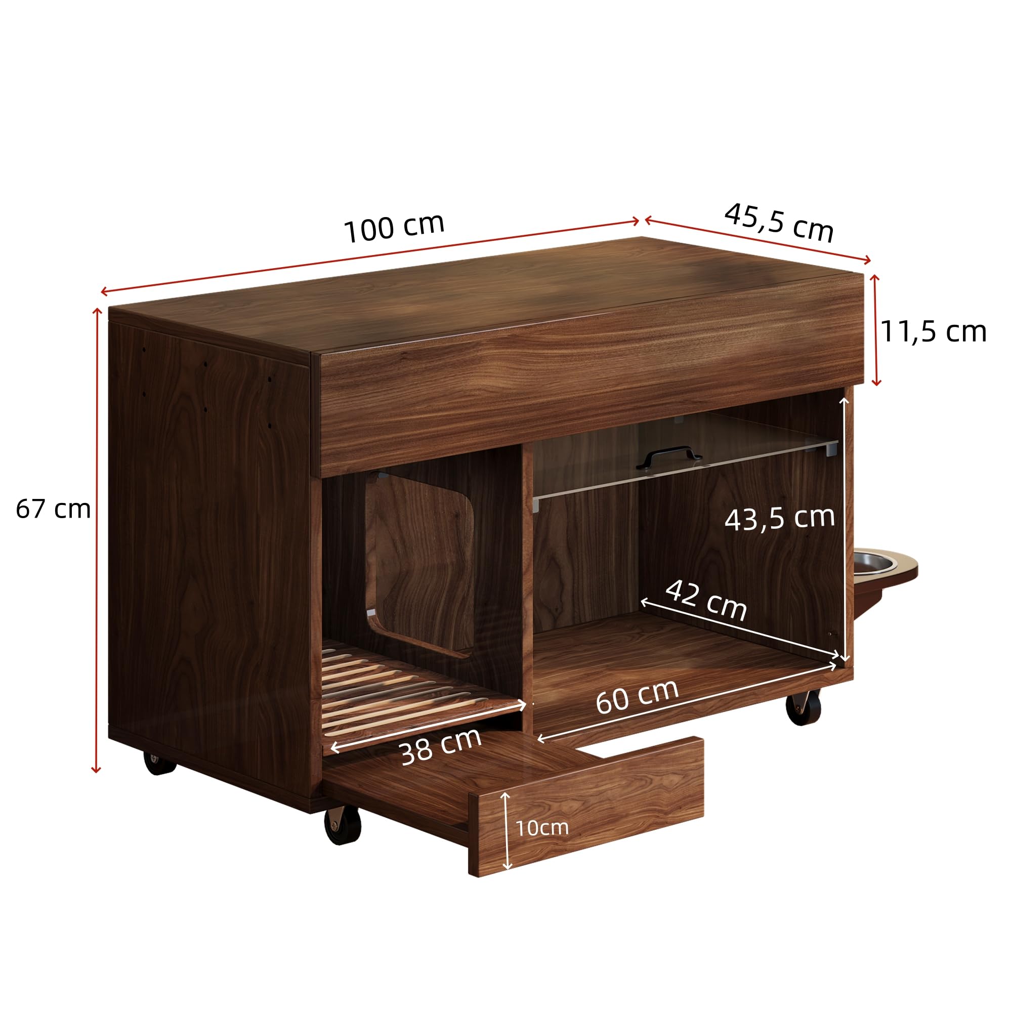 Katzenklo-Schrank, Bewegbar mit Sandauffangschale & Futterstation, Katzentoilettenschrank mit Lochplatte & Aufbewahrungsregal für Katzenzubehör, 100x45.5x67cm Nussbaum