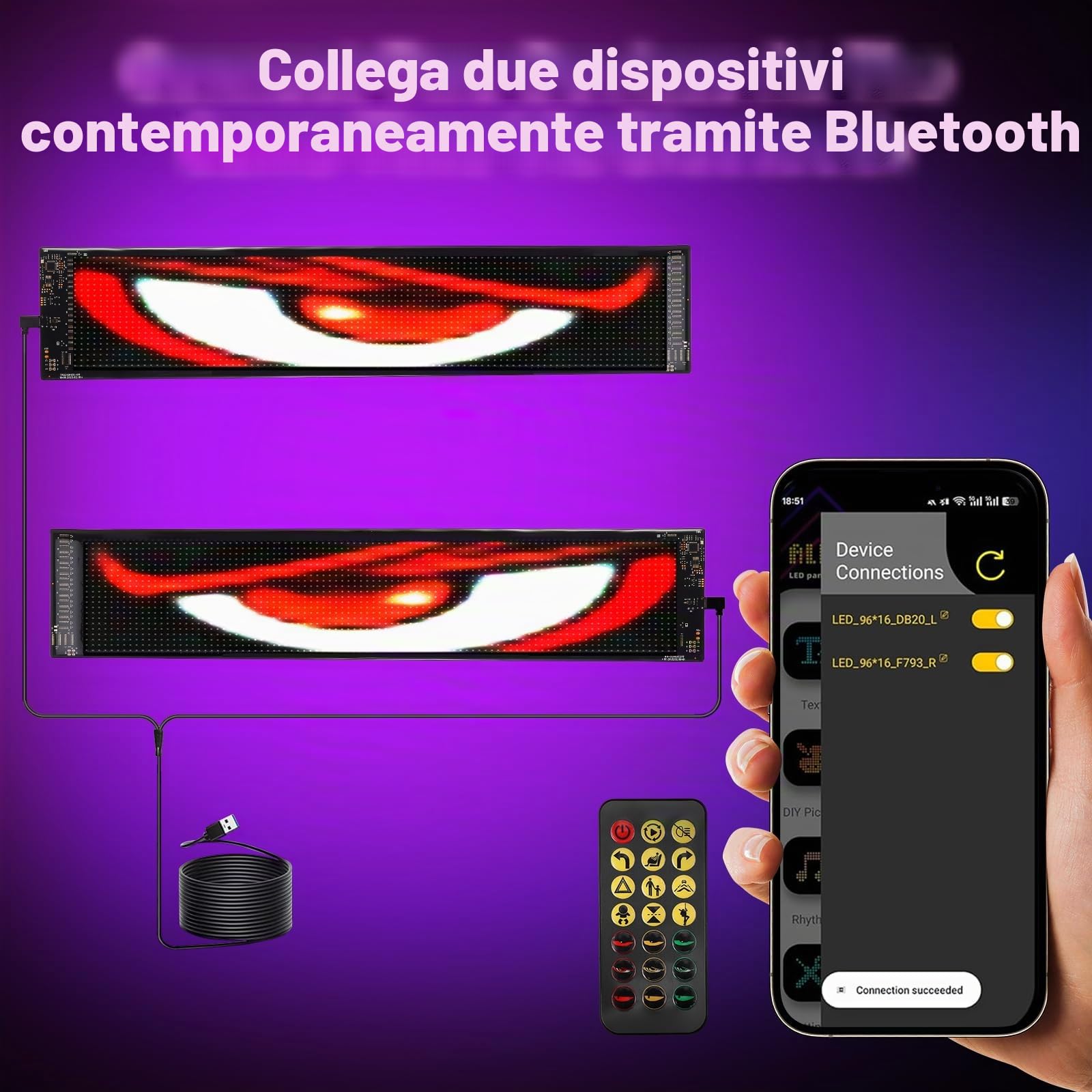 2 grandi occhi LED 120 x 595 mm per auto, occhi LED per camion, display fai da te, display morbido, programmabile, con LED, app, Bluetooth USB 5 V, aspirapolvere diavolo