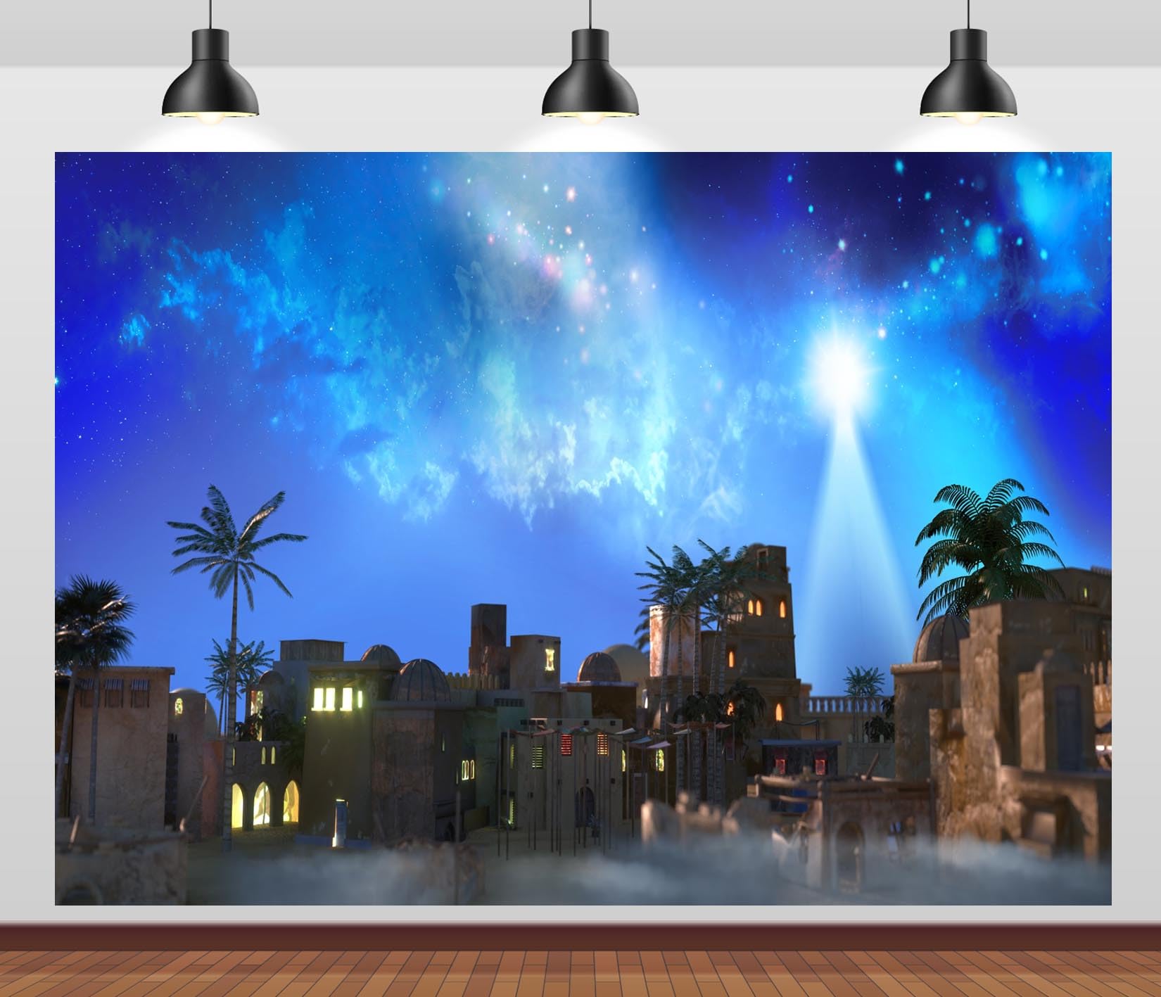 BELECO Tela 3x2,5m (10x8FT) Fondo Noche de Belén Estrella Guía Pueblo del Desierto Fondo Fotográfico para Iglesia Navidad Pesebre Fiesta Familia Niños Adultos