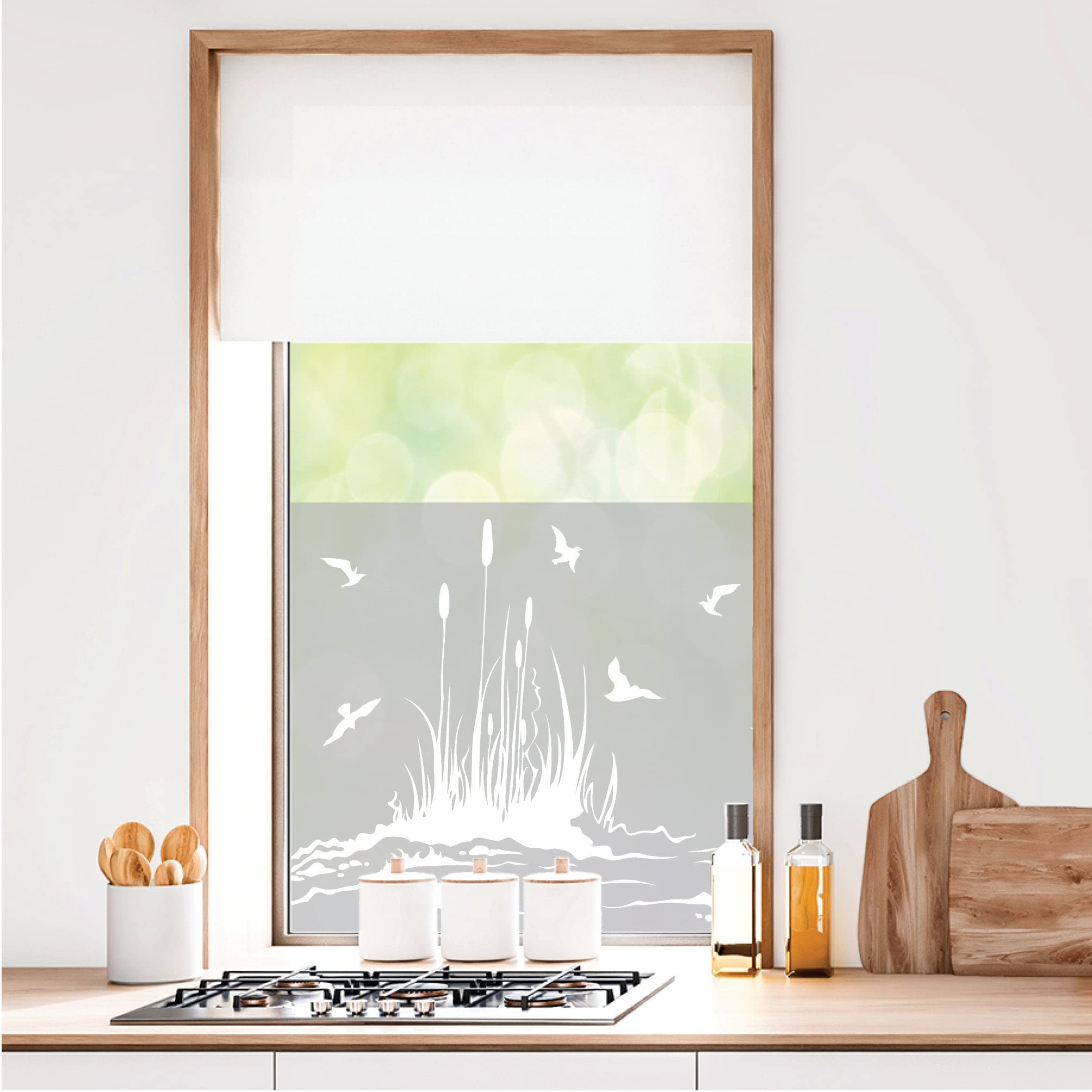 Sichtschutzfolie Vögel mit Schilf am Ufer, maritime Fensterfolie, Fensterdeko Milchglasfolie, 120 cm hoch, 90 cm breit