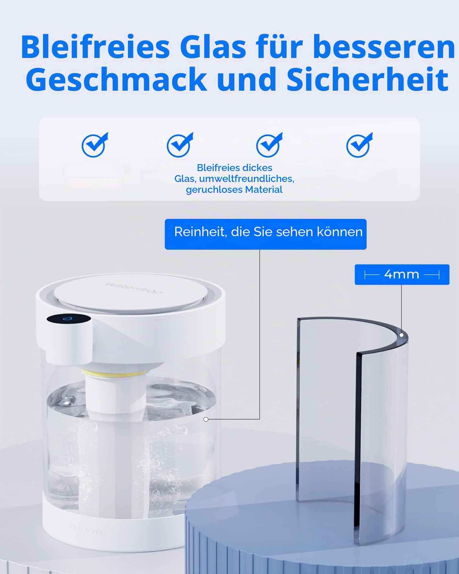 Waterdrop Glas Wiederaufladbarer Elektrischer Wasserfilterkrug, WD-ED12W 5,3L Wasserenthärter Kalkfilter 3 Monate Sofortiger Wasserfilter Dispenser, Reduziert Calcium, Magnesium +70 Schadstoffe