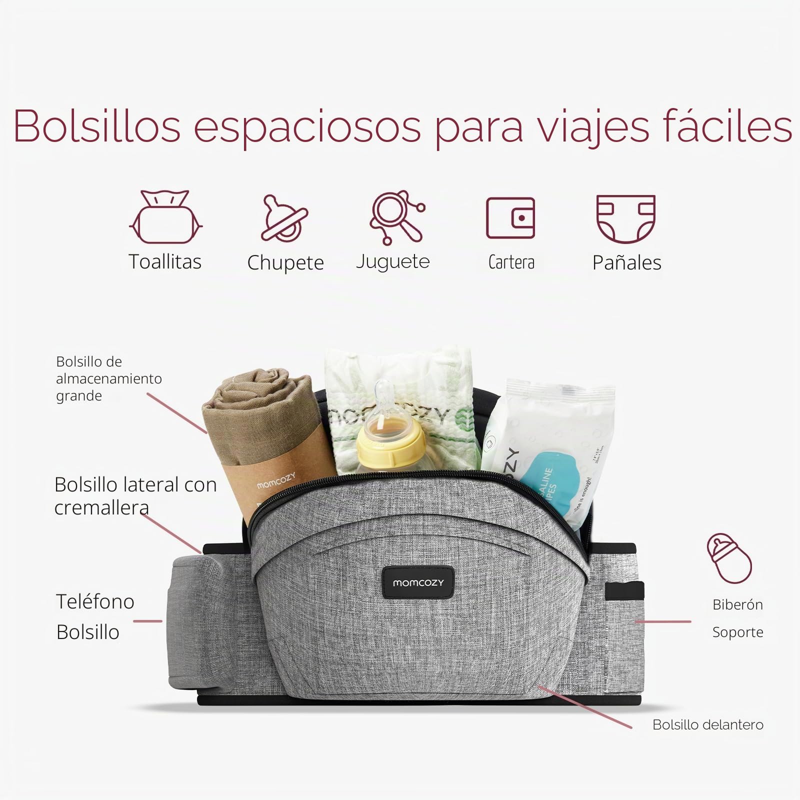 Momcozy Portabebés con asiento de cadera, cintura ajustable con protector de vientre 3D original y tabla de masaje EVA, portabebés ergonómico con varios bolsillos para recién nacidos y niños pequeños