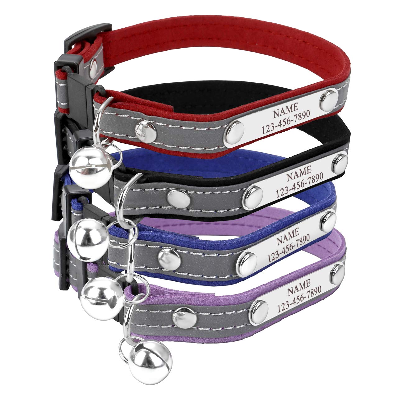 Personalized Master Custom Pet Collar with Name and Phone Number, Reflective Breakaway Cat Collar with Bell, Purple