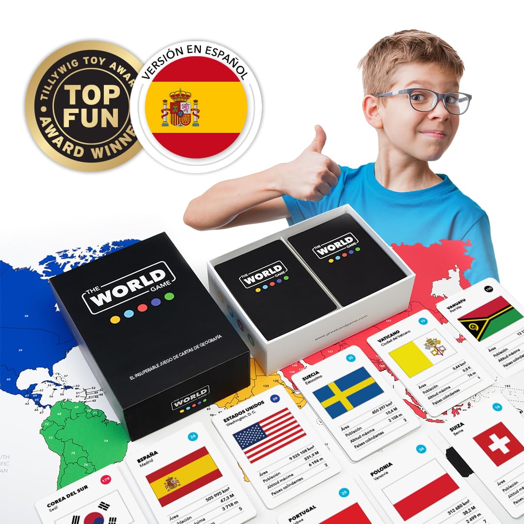 Primer plano de las cartas del juego 'El Juego del Mundo' mostrando detalles de banderas y países.