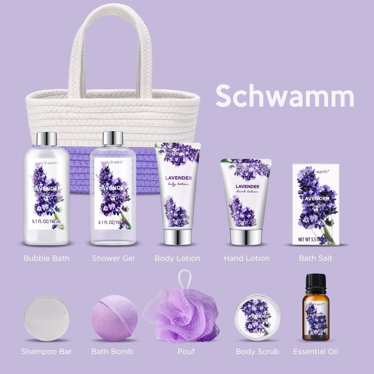 BODY & EARTH Geschenkset für Frauen 11 tlg. Badeset Lavendel Duft Wellness Set
