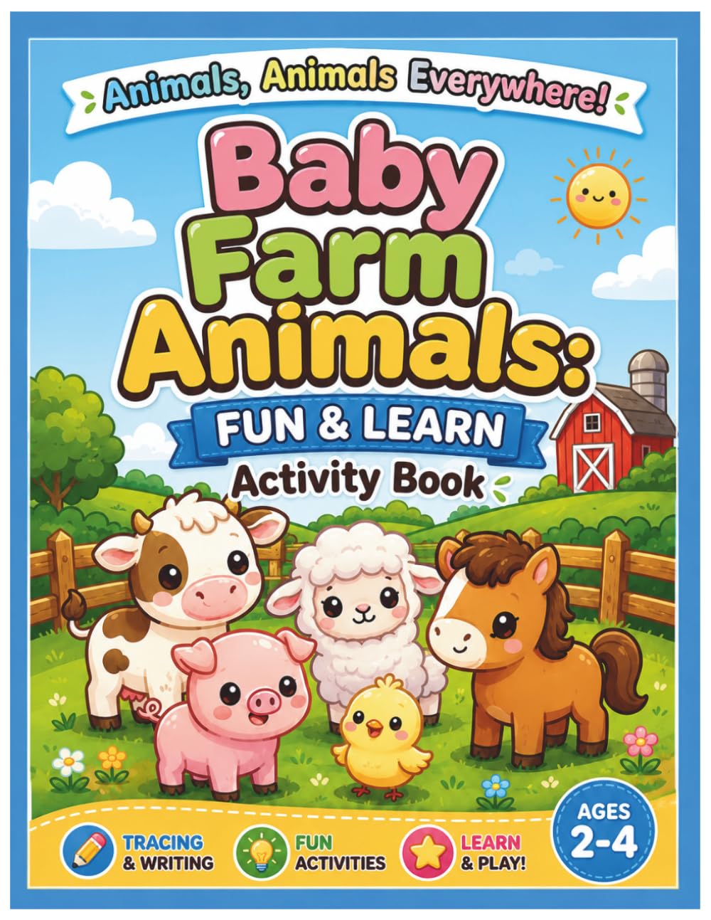 Baby Farm Animals Fun & Learn Activity Book: Tracing, Counting, Matching, Mazes, Word Search, Dot-to-Dot and Coloring Activities for Kids Ages 2-4 (Animals, Animals Everywhere!!)
