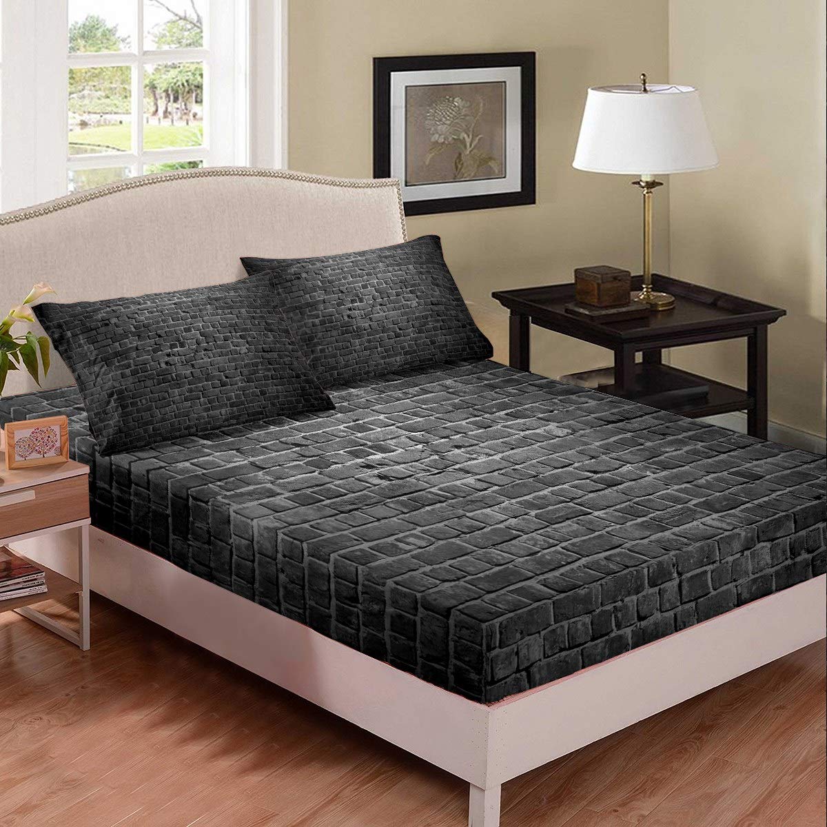 Loussiesd Bricks Design Bed Sheet Cover Retro Black Bedding Set Brick Wall Fitted Sheet for Children Kids Boys Girls Microfiber Rectangle Bed Cover Room DecorDouble Size