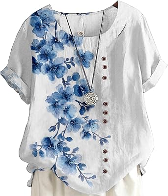 Bengbobar Womens Summer Tops Boho Floral Shirts Linen Tops Casual Button Down Blouses Short Sleeve Graphic Tees Tunic