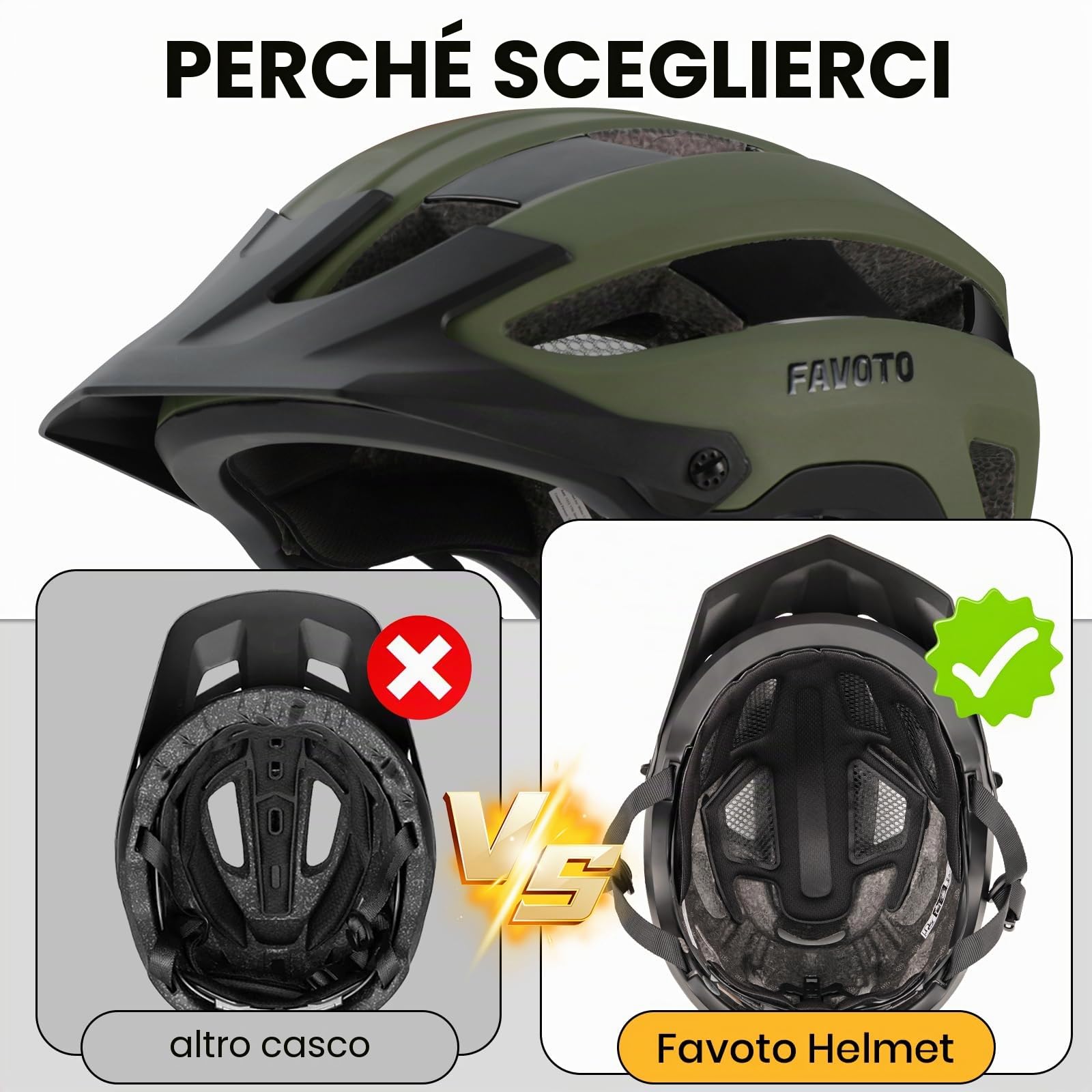 Favoto Casco da mountain bike, leggero, per adulti, per mountain bike, da strada, regolabile, per uomo e donna, design a tripla scocca, certificato CE