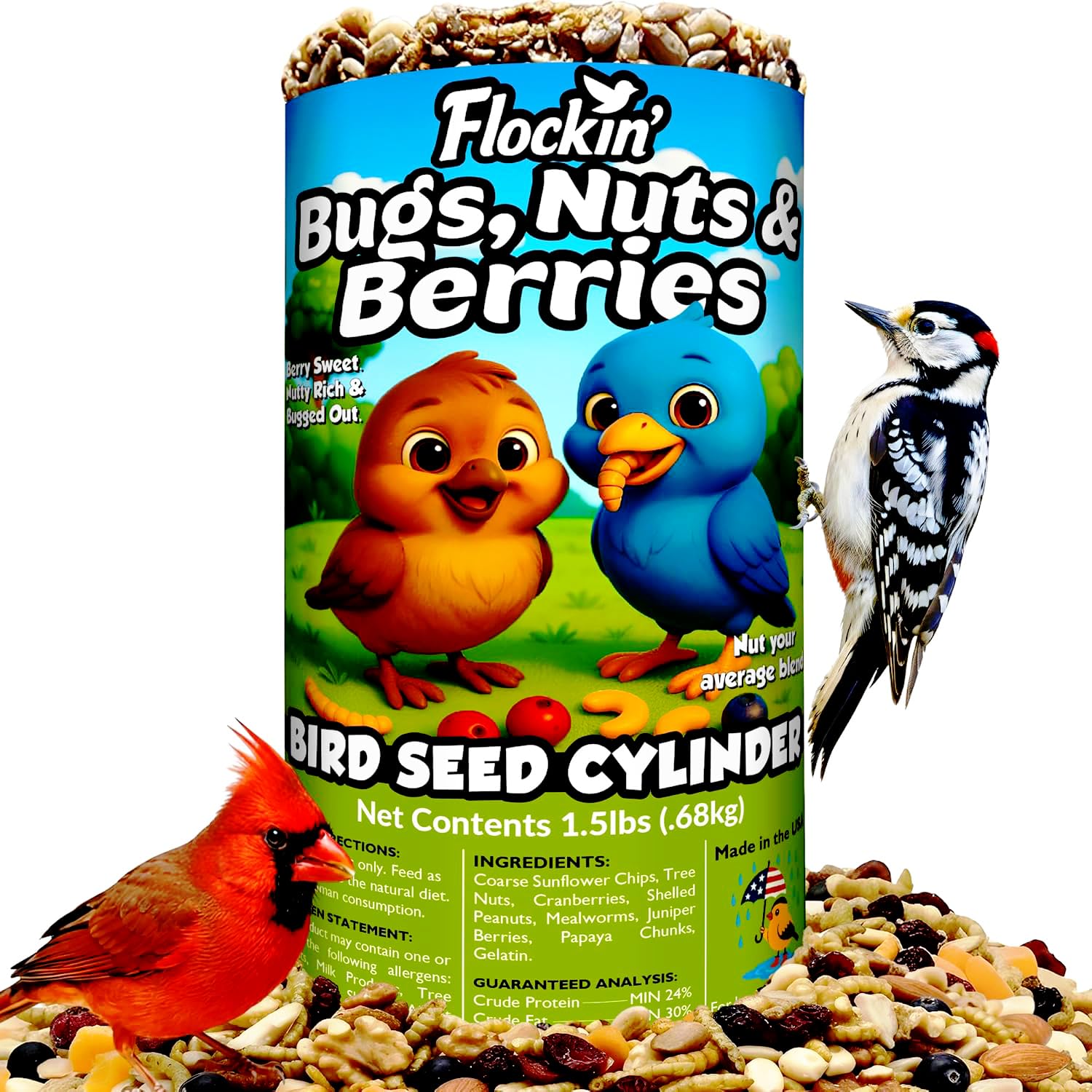 Flockin Bugs Nuts and Berries Bird Seed Cylinder