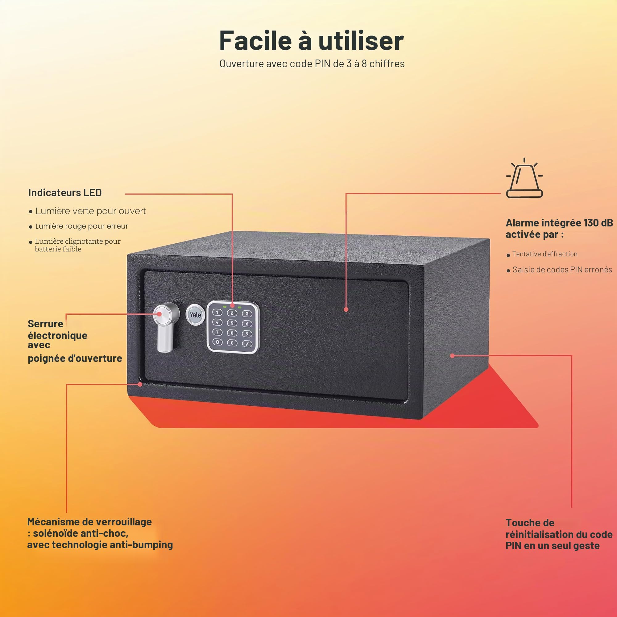 Yale Coffre-Fort Électronique avec Alarme YLC/200/DB2 Protection Standard Code PIN ou Clé Avertisseur 130 dB Installation Murale ou au Sol Pour Ordinateur Portable