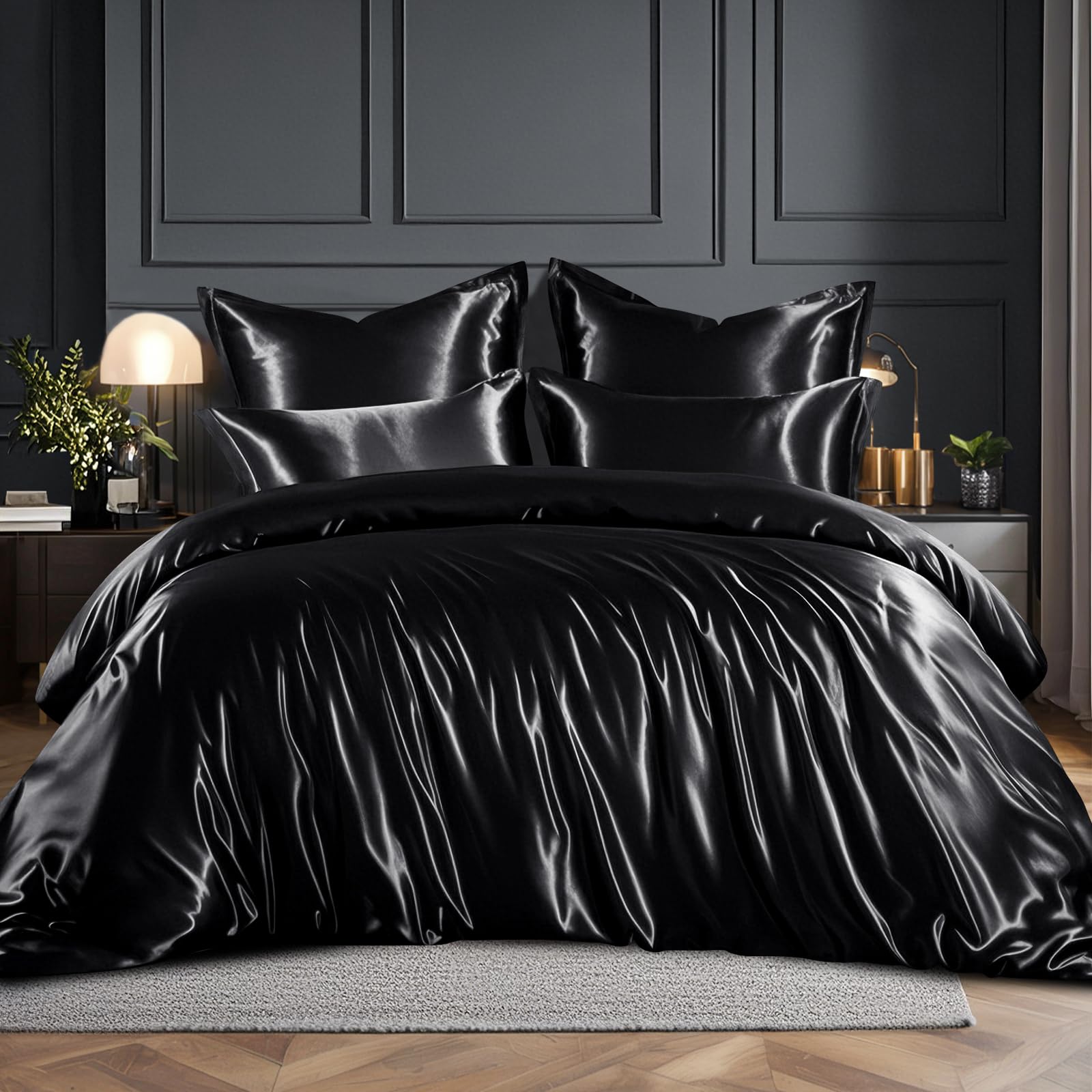 RUIKASI Satin Bedding Set Super King - Silky Superking Duvet Cover Set for Hair and Skin, Duvet Set Quilt Cover with 2 Pillowcases, 260x220cm Black