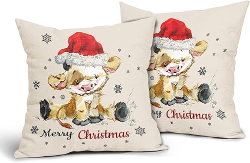 Miniatura 10 de Juego de 2 fundas de almohada de vaca de Navidad de 16 x 16 pulgadas, diseño de acuarela de vaca blanca y negra, fundas de almohada decorativas con