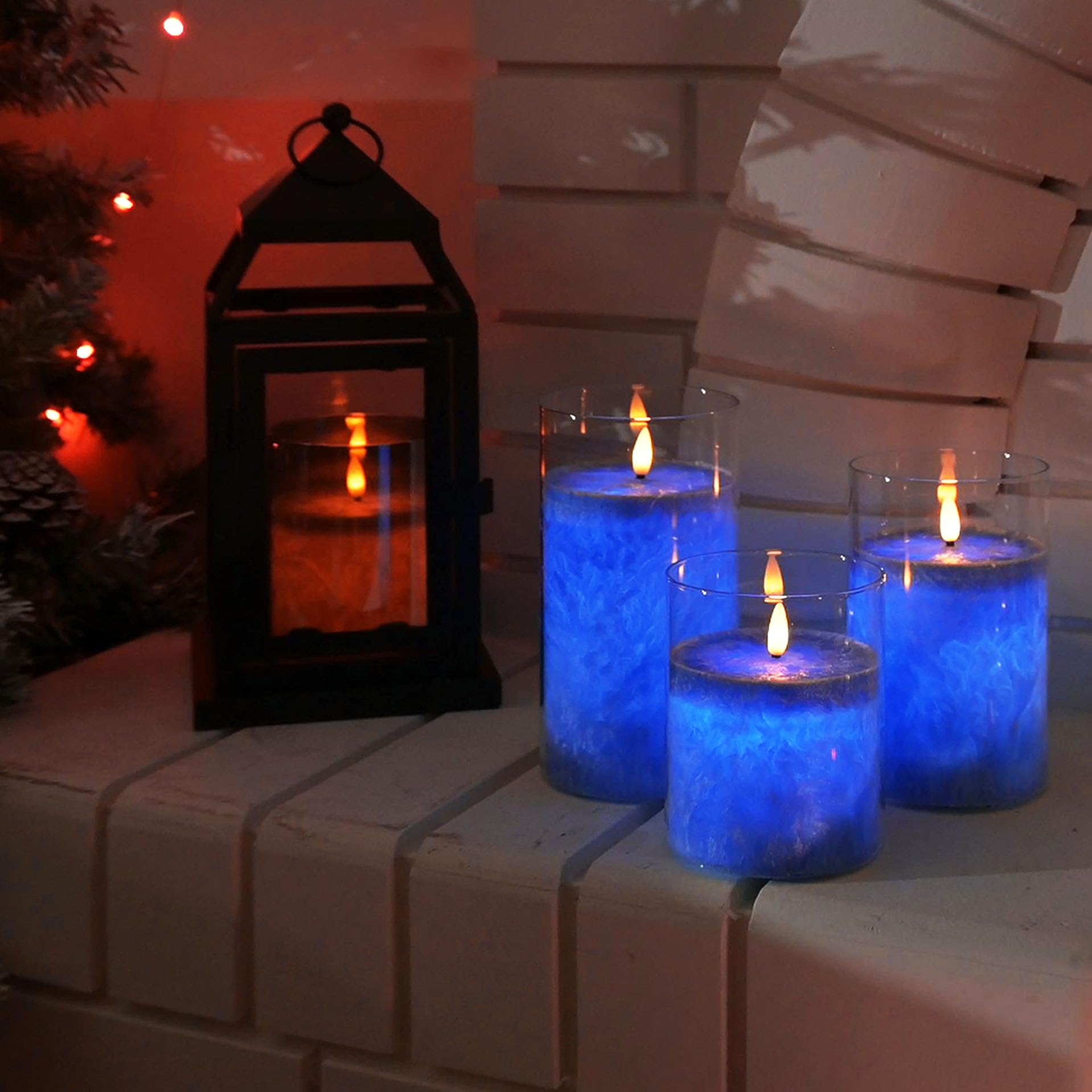 Lot de 3 Bougies LED à Flamme Vacillante - Avec Fonction Minuterie Dans le Verre - Bougies Électriques en Cire Vraie avec Télécommande (Bleu)