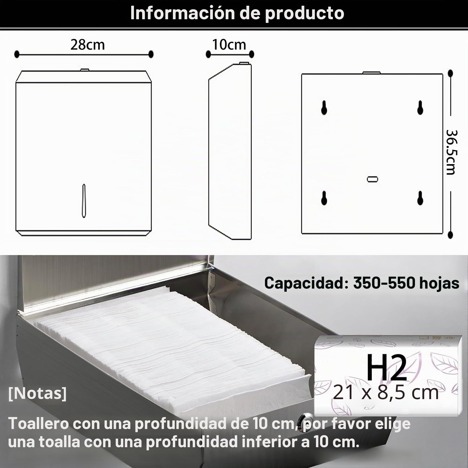 NICEME Dispensador de Toallas de Papel con Cerradura de Acero Inoxidable para Toallas de Papel Plegables en H2 y en Z, Capacidad de 350 a 550 Hojas, para Oficinas, Hoteles y Restaurantes, Plata