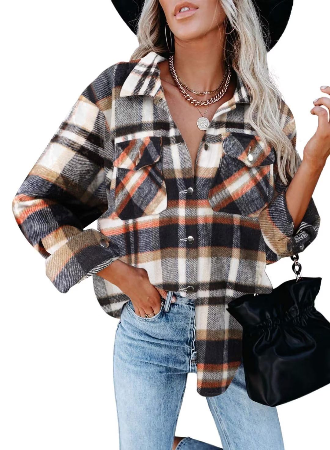ZOLUCKY Womens Shackets Jacket Plus Size Long Sleeve Button Down Shirts Blouses Tops