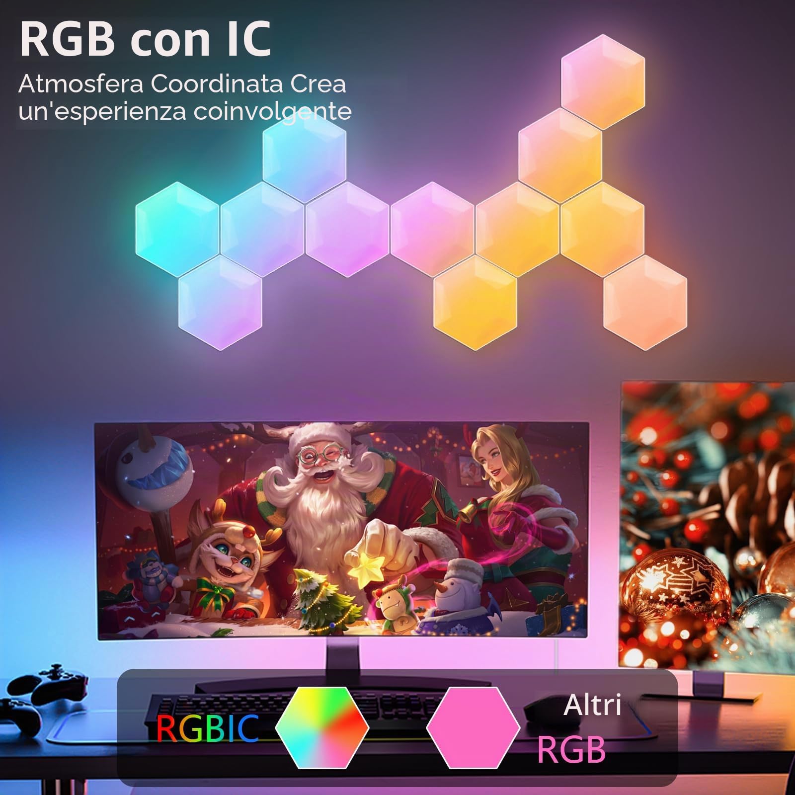Pannello LED Hexagon Gaming 10 PCS, Lampada da Parete LED Smart con RGB-IC, Sincronizzazione Musicale, Controllo tramite App, Illuminazione da Parete per Camera e Setup da Gaming