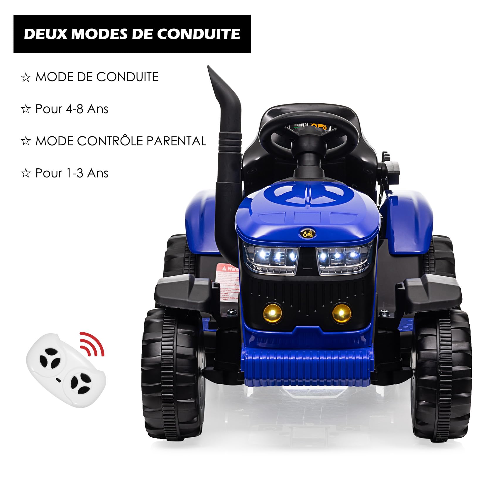 Garvee Elektrischer Traktor mit Anhänger, 12V Kinder Aufsitztraktor mit LED, Musik, Hupe,Doppelter 35W Motor, Kinderfahrzeug mit Fernbedienung 3-6km/h für 3+ Jahre Kinder