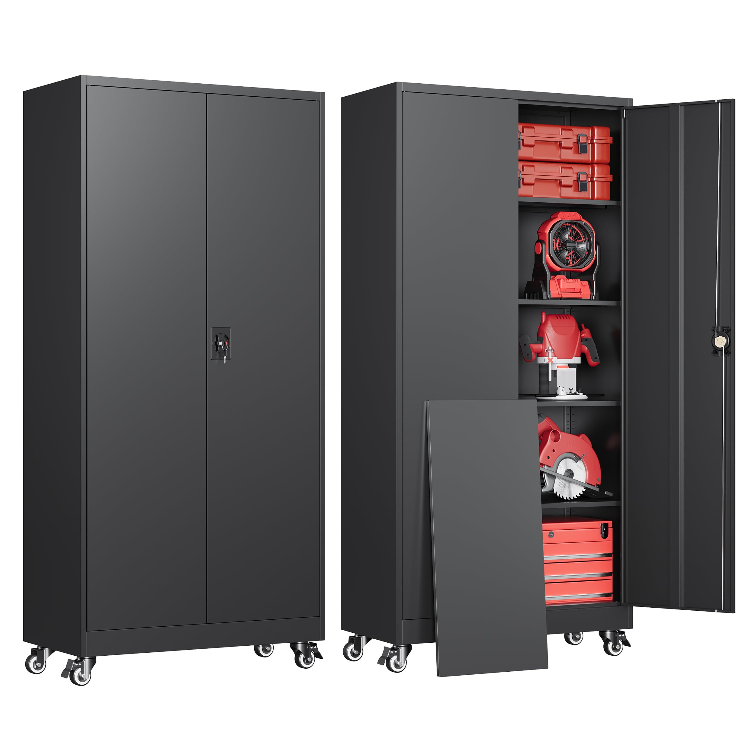 AFAIF Metal Garage Storage Cabinets with Wheels, Rolling Tool Cabinet with Lock, Locking Garage Caninet on Wheels with Shelves, Steel 2 Door Tall Tool