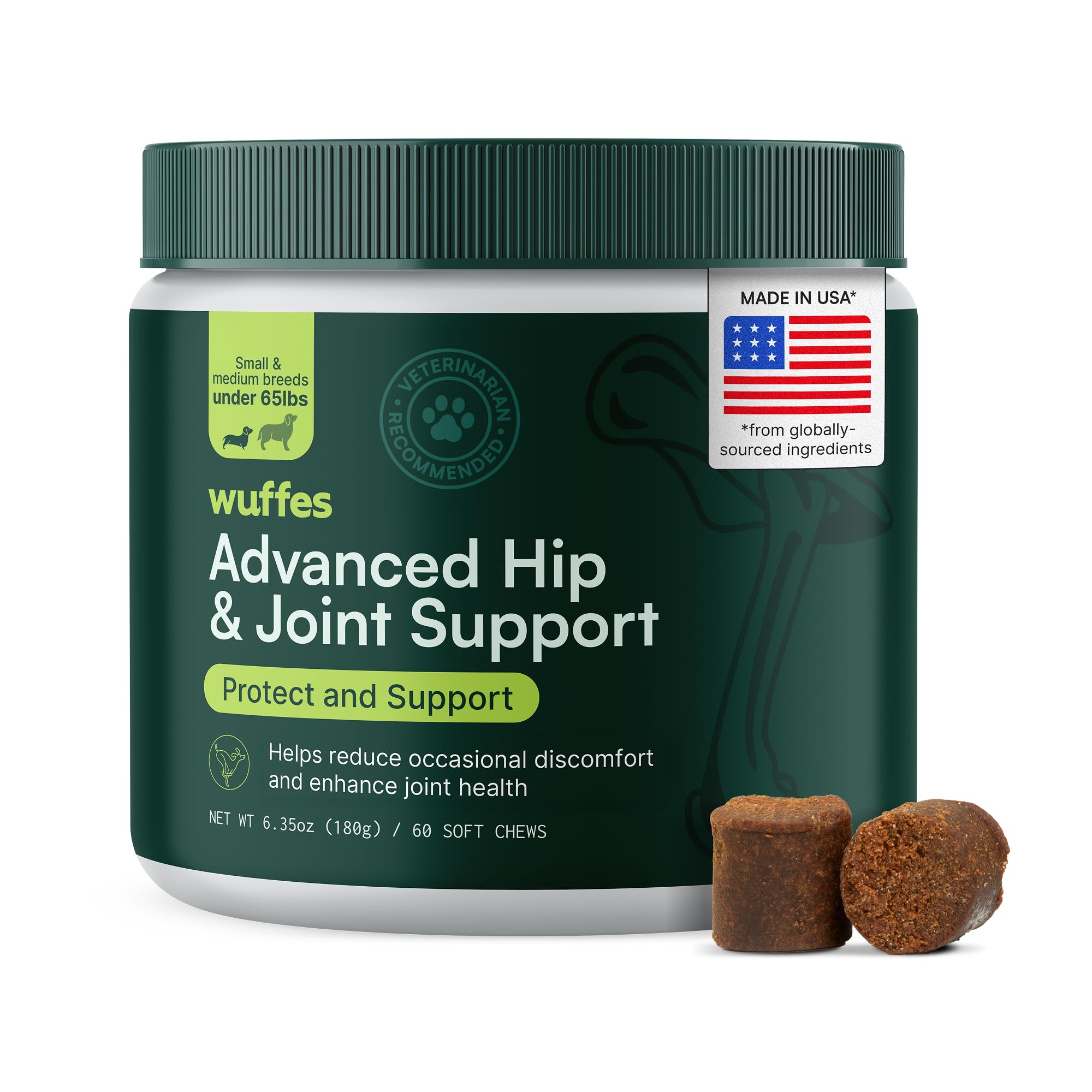 WuffesChewable Dog Hip and Joint Supplement for Small & Medium Breeds - Glucosamine & Chondroitin Chews - Dog Joint Supplements & Vitamins - Extended Joint Care - 60 Ct