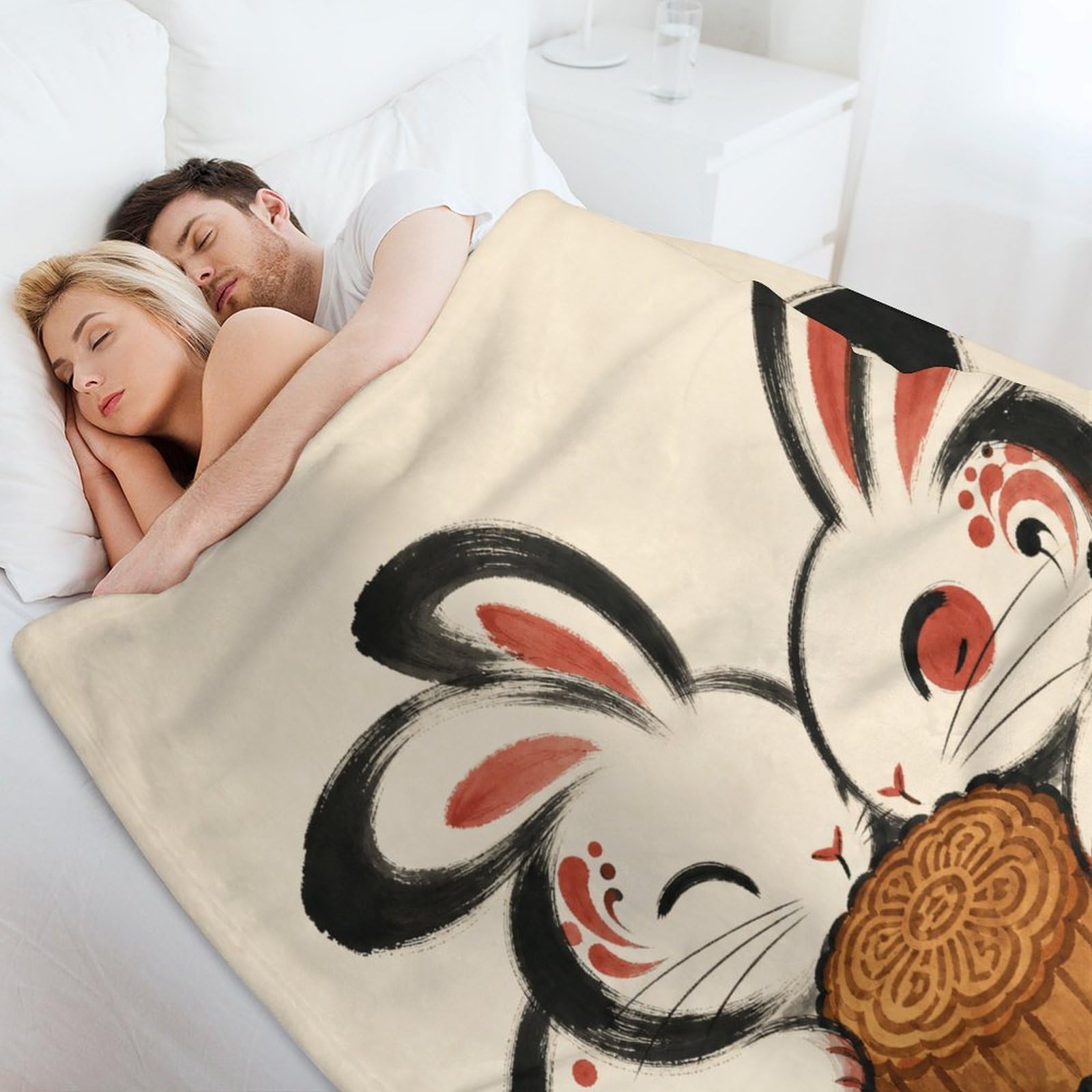 Pareja de Conejos con Tambor Manta Manta TV Calida Polar Sofa Dormitorio | manta sofa suave con Libro de cuentos de animales y Linda ilustración infantil, para sofa, cama, 175x200cm(70x80in)