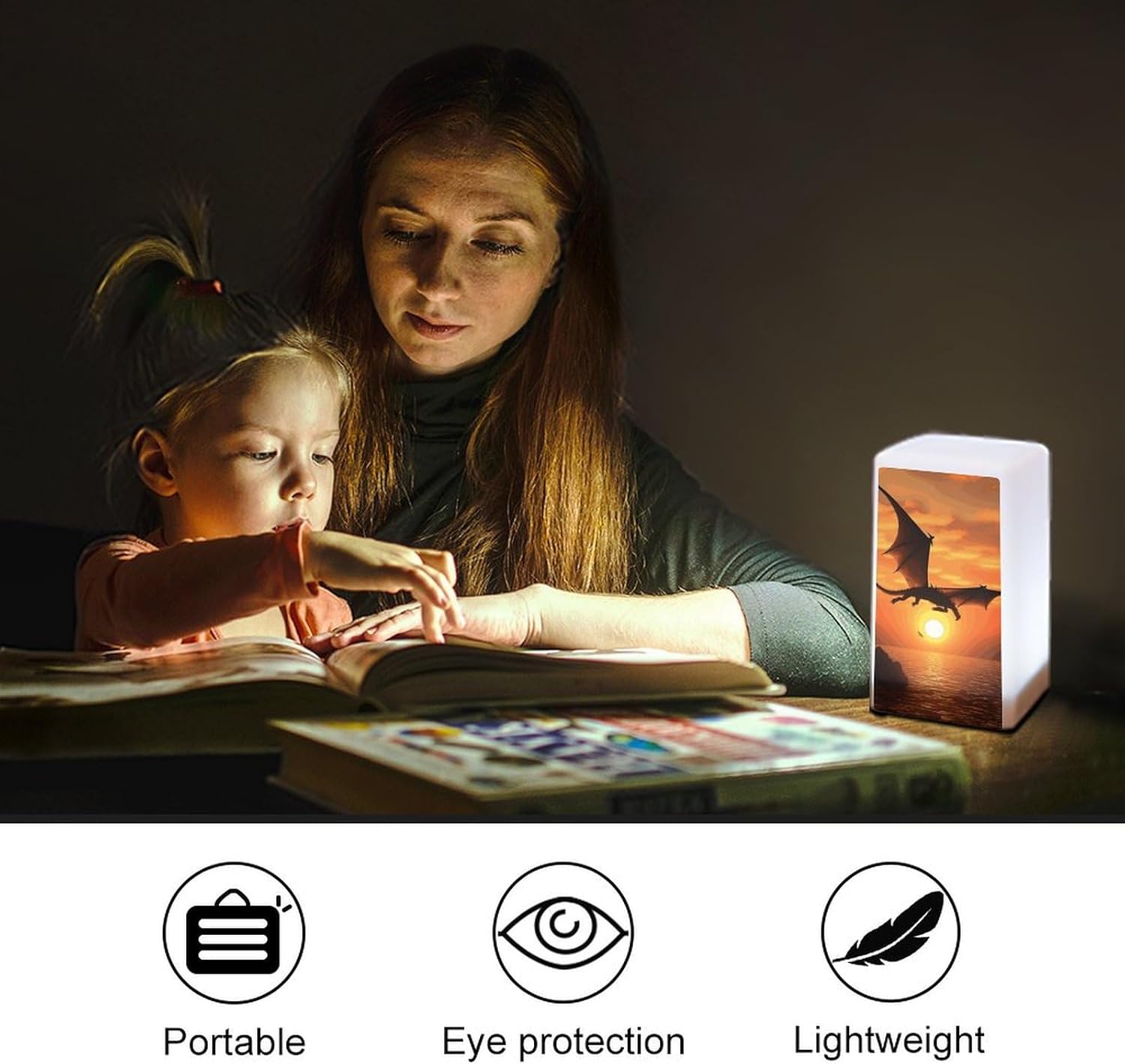Desk Lamp Table Lamp with 2 Lighting Modes Battery Operated Sea Sunset Flying Dragon Reading Lamp for Bedroom Nightstand
