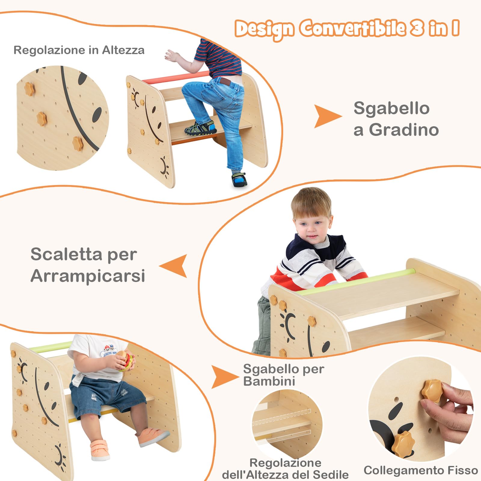 COSTWAY 6 in1 Set Arrampicata per Bambini, Giocattoli da Arrampicata in Legno con Rampe Reversibili, Altalena, Sgabello Regolabile in Altezza, Scala da Arrampicata per Bambini 3+ Anni