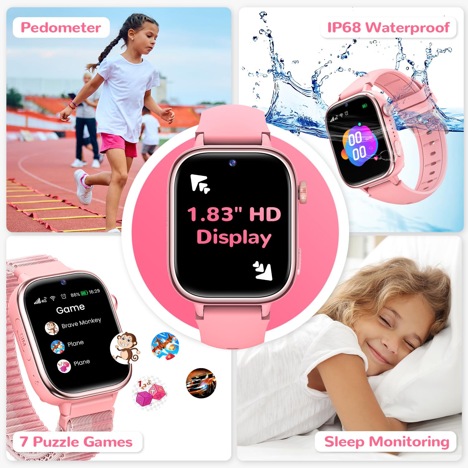 RUXINGX Smartwatch Kinder GPS, Kinderuhr mit Telefon und SOS (Rosa) | HD Videoanruf, Voice Chat, Schulmodus, Wecker, Schlafen, IP68 Wasserdicht, SMS, Schrittzähler, Geschenke für Mädchen Jungen